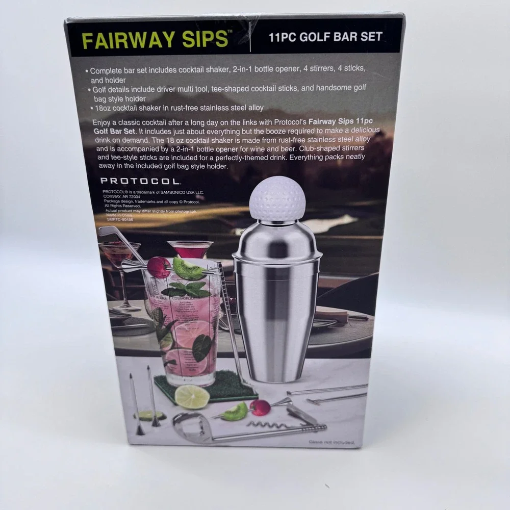 Protocol Fairway Sips Black Bag 11 pc Golf Bar Set 18 oz Shaker, Opener, Tools
